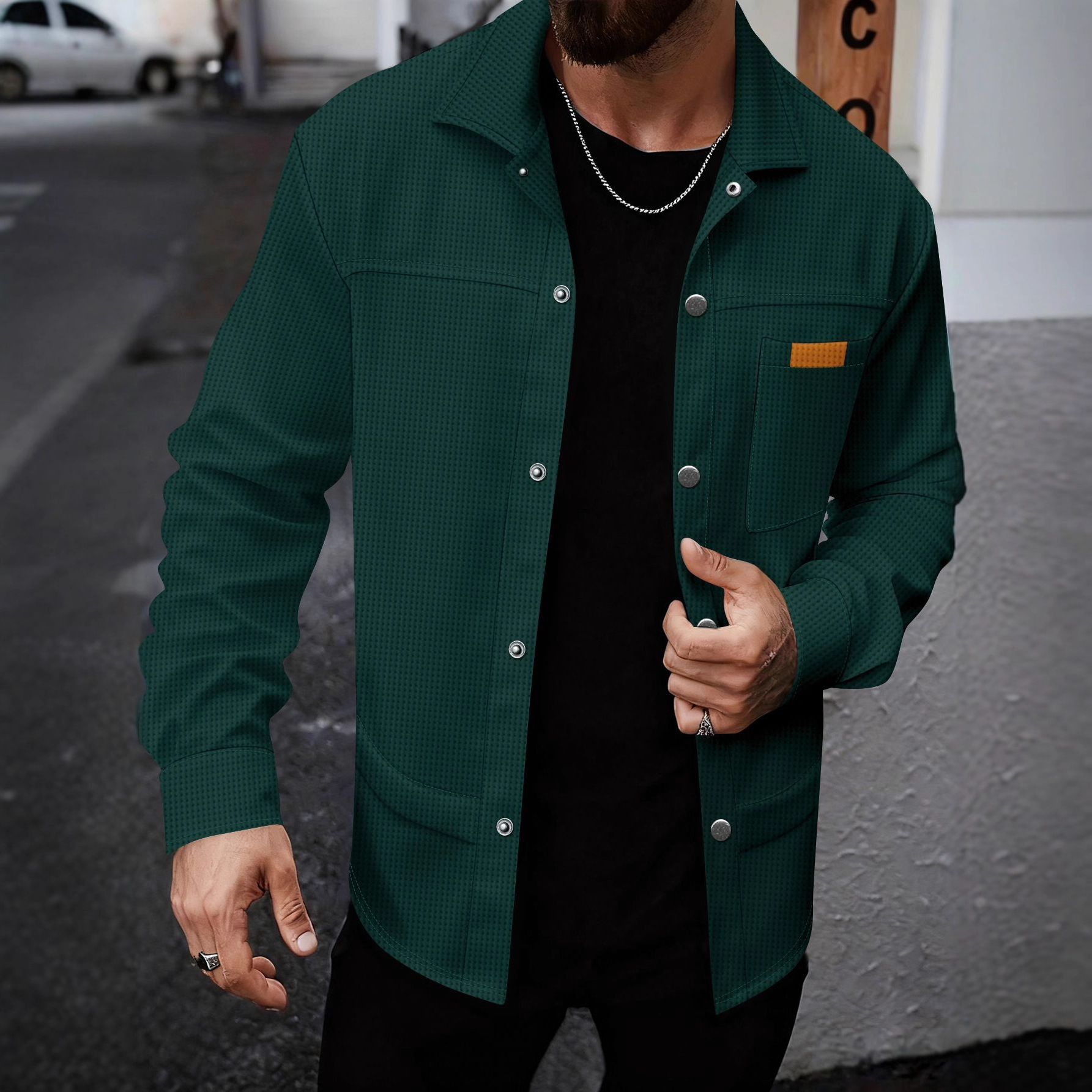 Solid-color Lapel-pocket Button-front Workwear Casual Long-sleeved Shirt photo 6