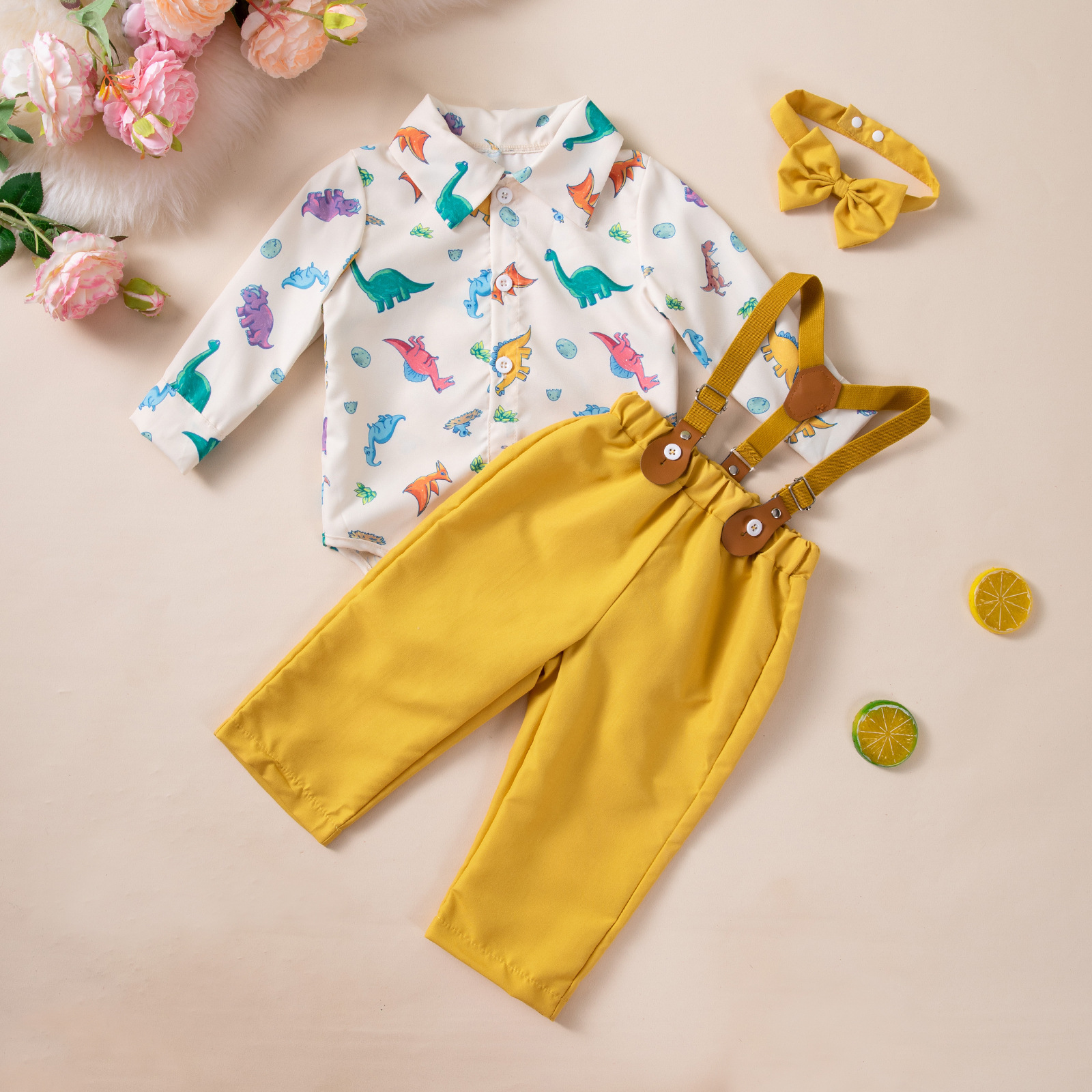 Gentlemans Outfit For Boys Dinosaur-print Shirt With Yellow Suspender Trousers And Bow Tie photo 3