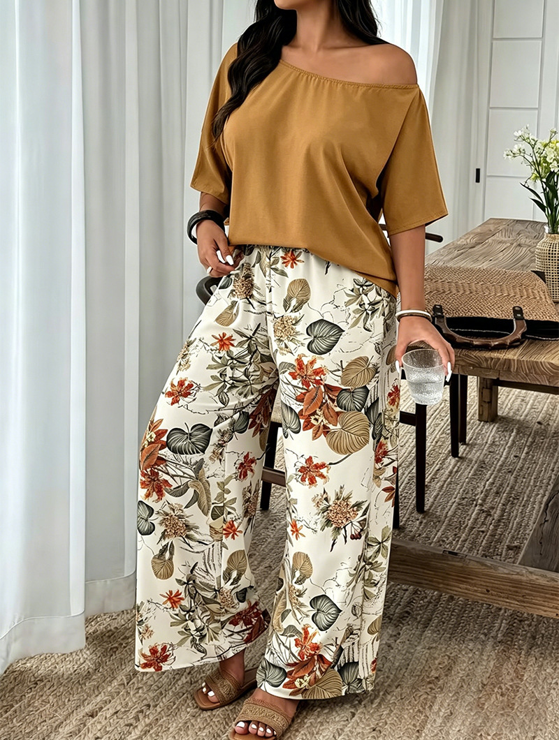 Casual Womens Set Featuring Plant And Floral Print Wide-leg Pants photo 4