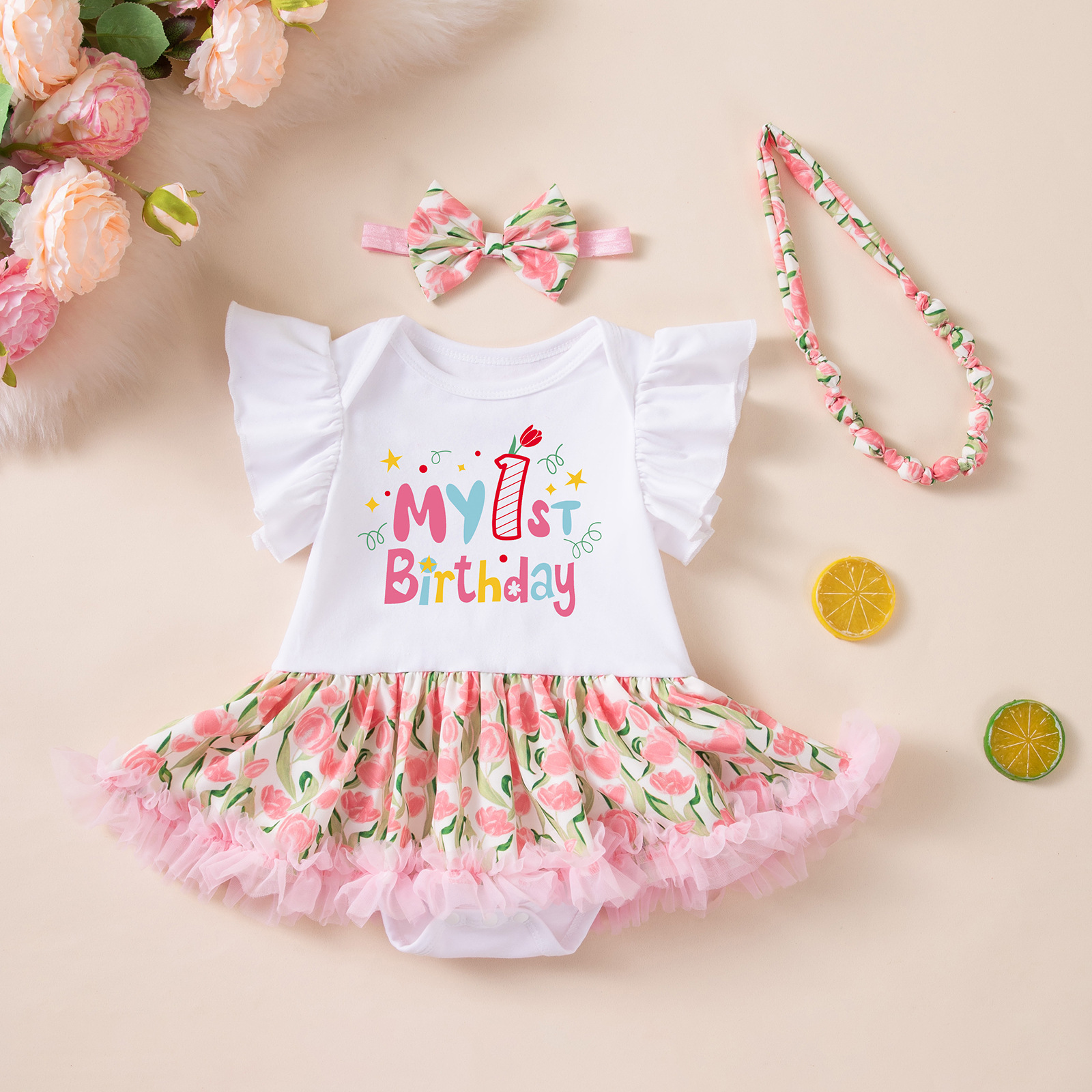 Birthday Outfit Flutter-Sleeve Romper Crawling Suit PP Pants And Bow Headband Set photo 5