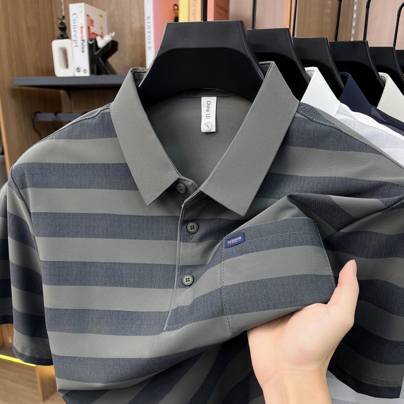 Men's Youth Striped Lapel Pocket Fashion Short Sleeve T-shirt photo 5