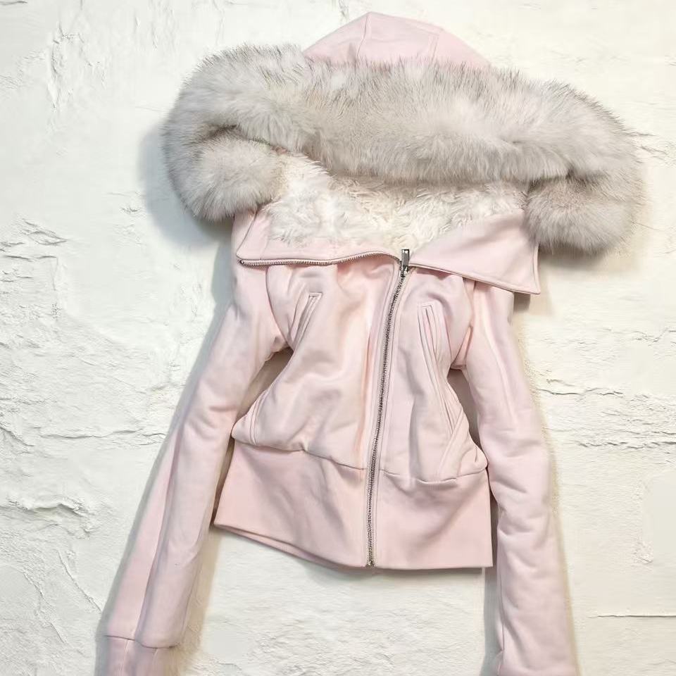 Two-tone Plush-lined Hooded Zip-up Slim-fit Coat With A Fur Collar photo 2
