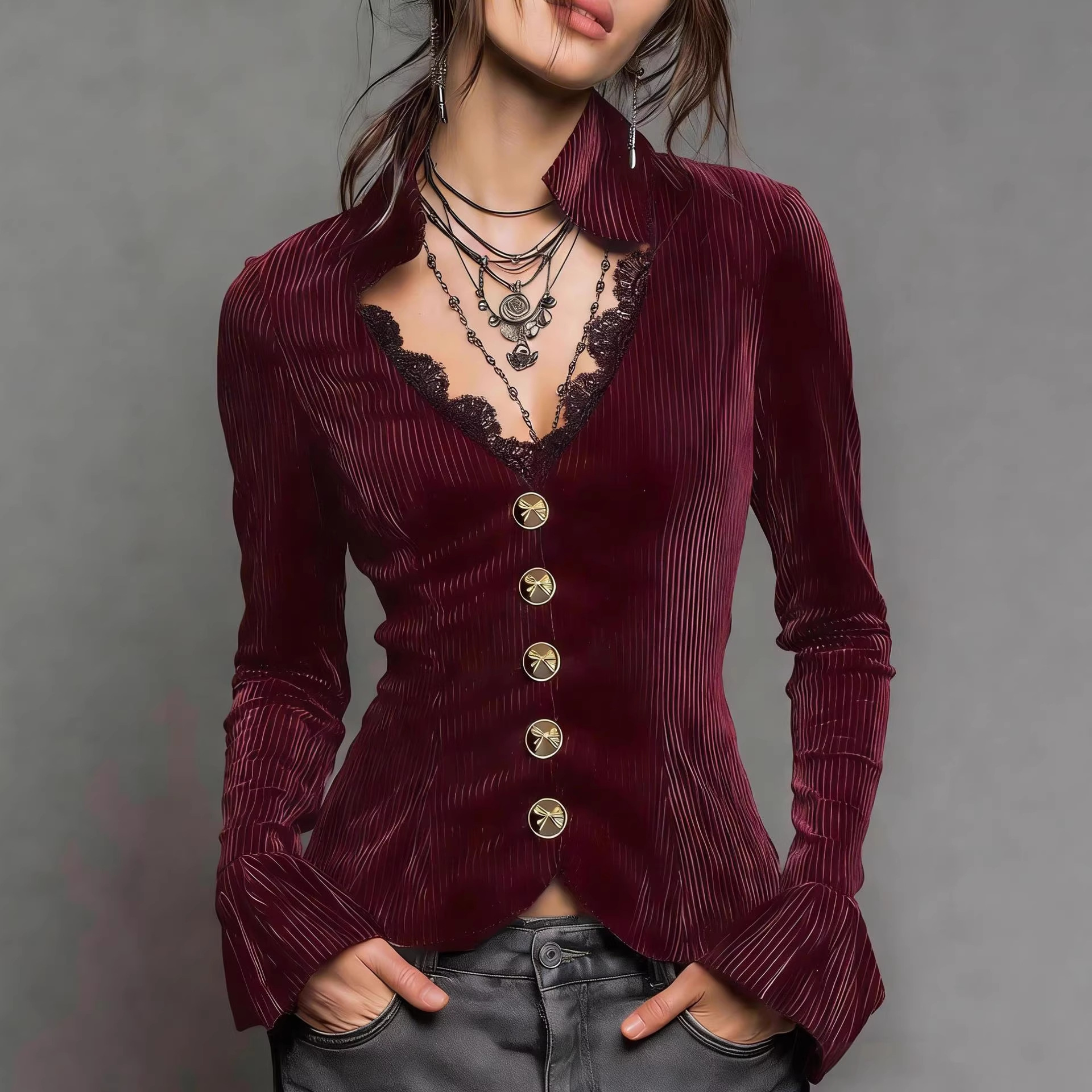 Women's V-neck Slim-fit Long-sleeve Top New Style photo 5