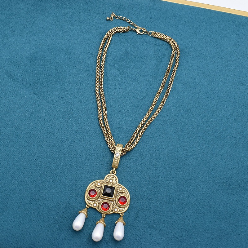Vintage Glass Inlaid Tassel Pearl Necklace Ear Stud photo 2