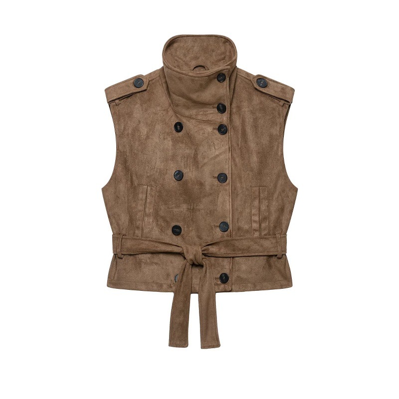 Autumnal Maillard-style Stand-collar Suede Vest With Belt photo 1