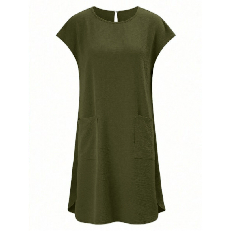 Casual Loose-fit Solid-color Round-neck Short-sleeve Ice-silk Pleated Dress photo 3