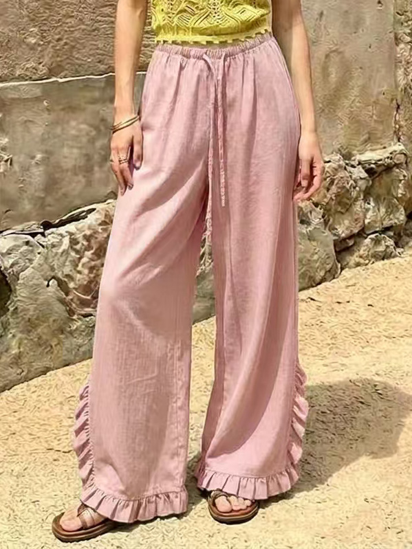 High Waisted Wide Leg Trousers With A Draped Ruffled Hem Casual Long Pants photo 2