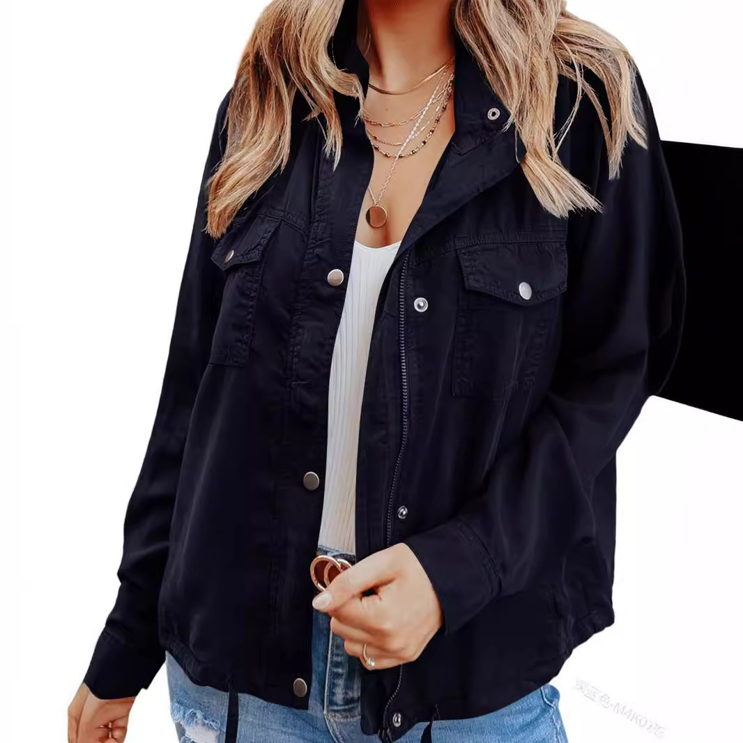 Dark-button Long-sleeved Pocket Drawstring Jacket photo 3