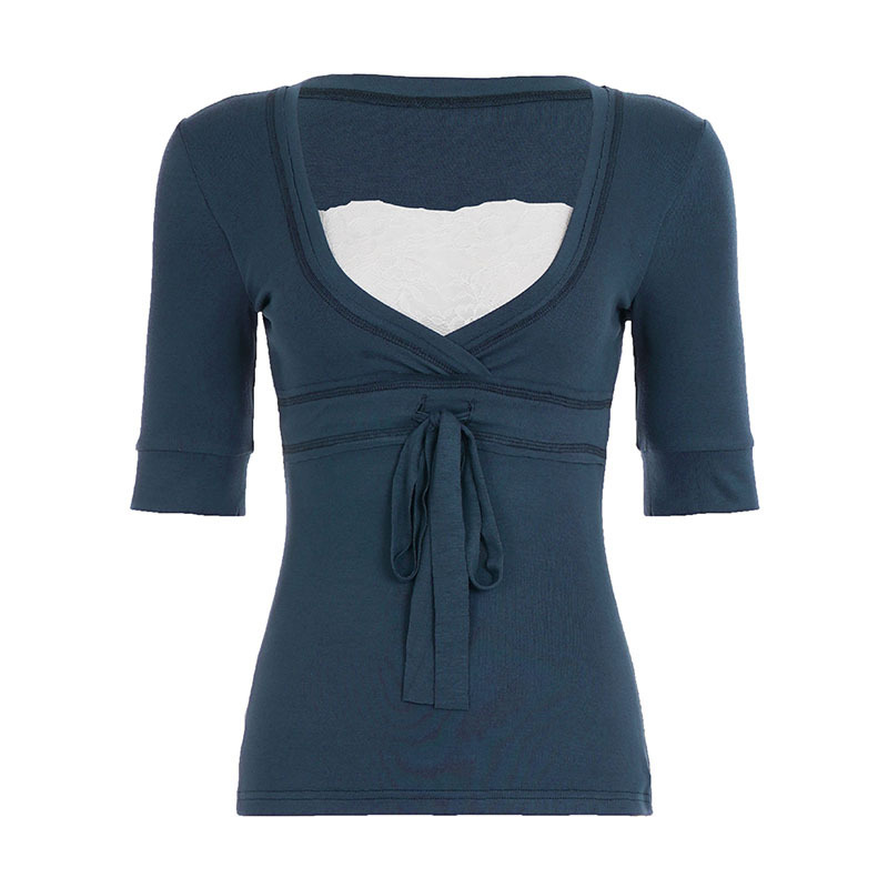Retro Lace-matched Faux Two-piece Contrast-color Short-sleeved Top photo 2
