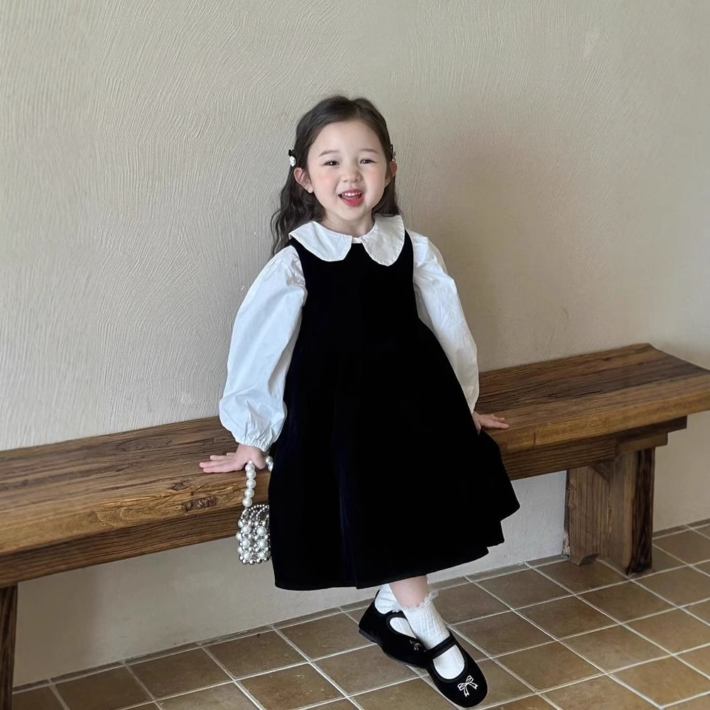 Children's Doll-collar Shirt And Black Vest Dress Set photo 6