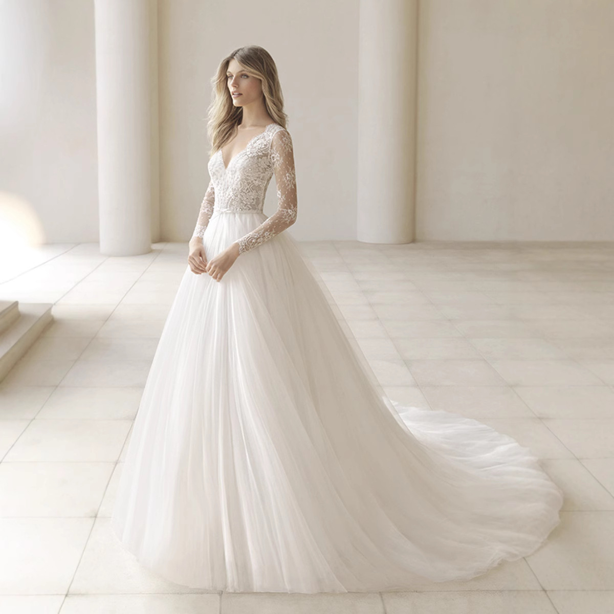 Elegant Lace Long Sleeve V-Neck Wedding Dress Bridal Gown With Delicate Detailing For Ceremony photo 1