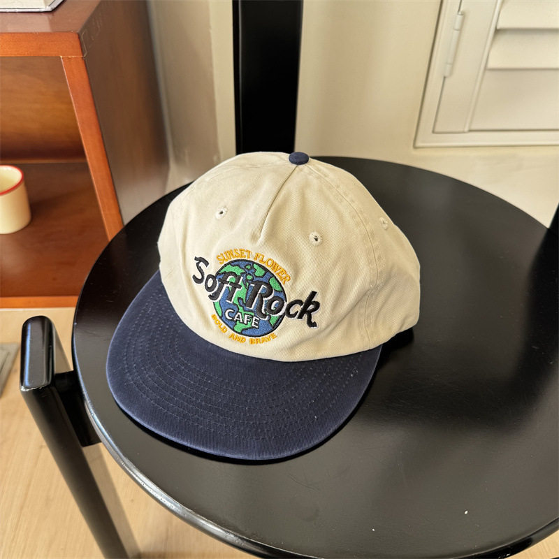 Retro Distressed Embroidery Color-block Flat-brim Baseball Cap photo 3
