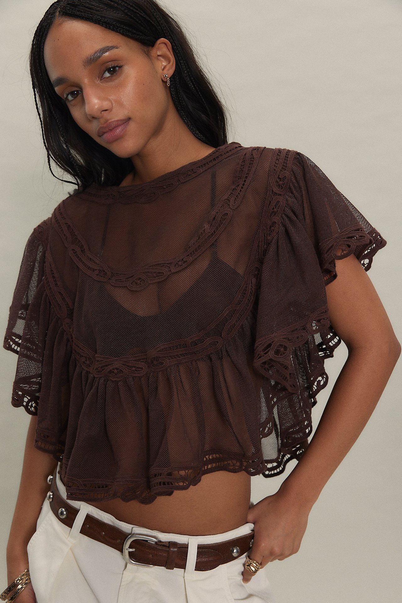 Long-sleeve Knitted Hollow-out Top With Tie-up Details photo 3