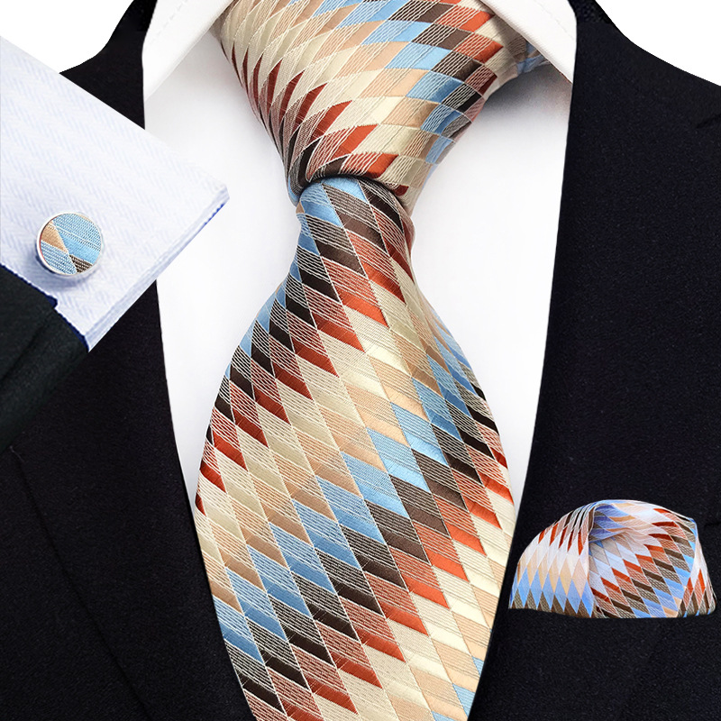 Mens Plaid Formal Tie Pocket Square And Cufflinks Three-Piece Set photo 4