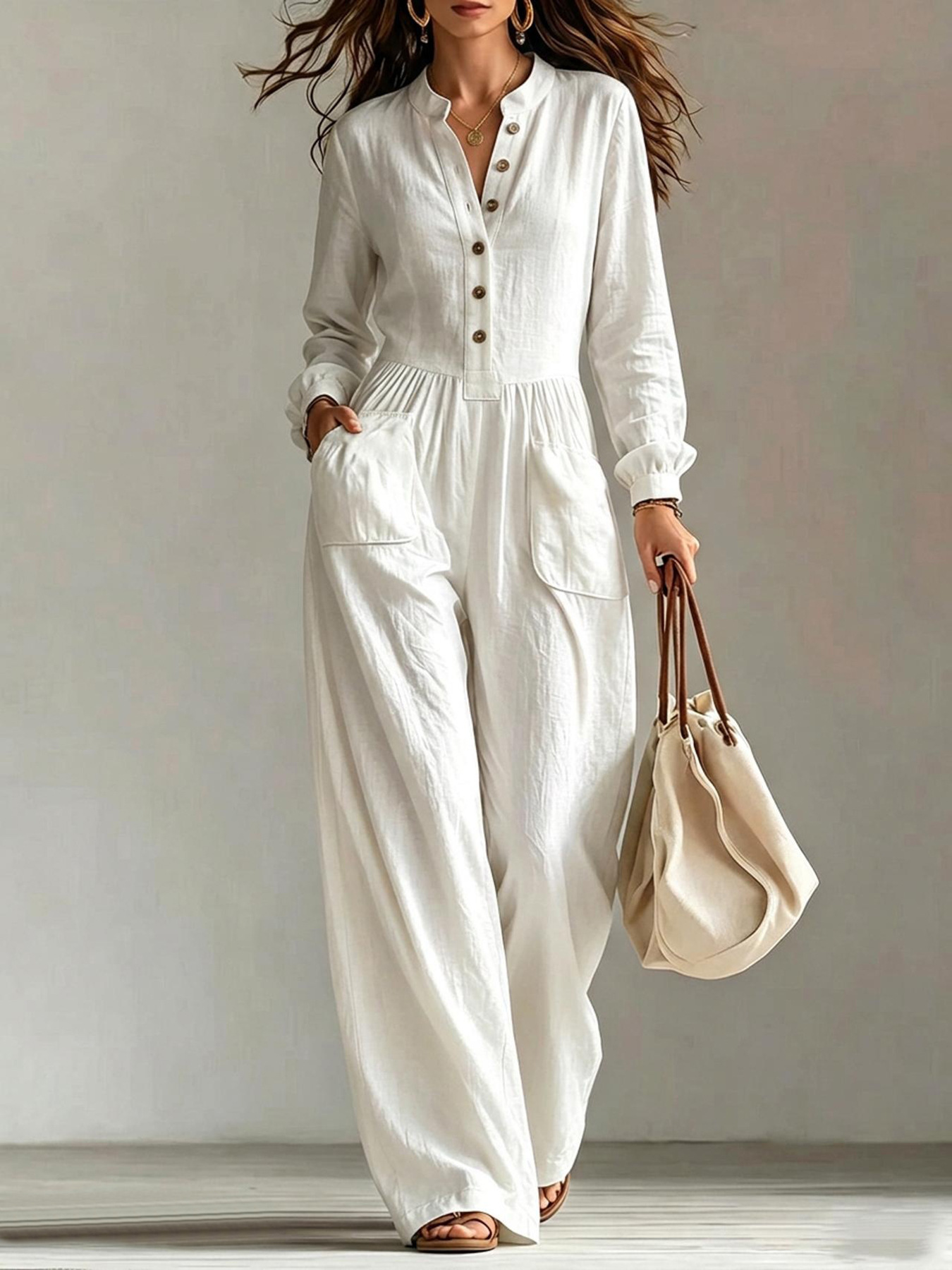 Jumpsuit With Buttons Waist-cinching Design And Pockets photo 3