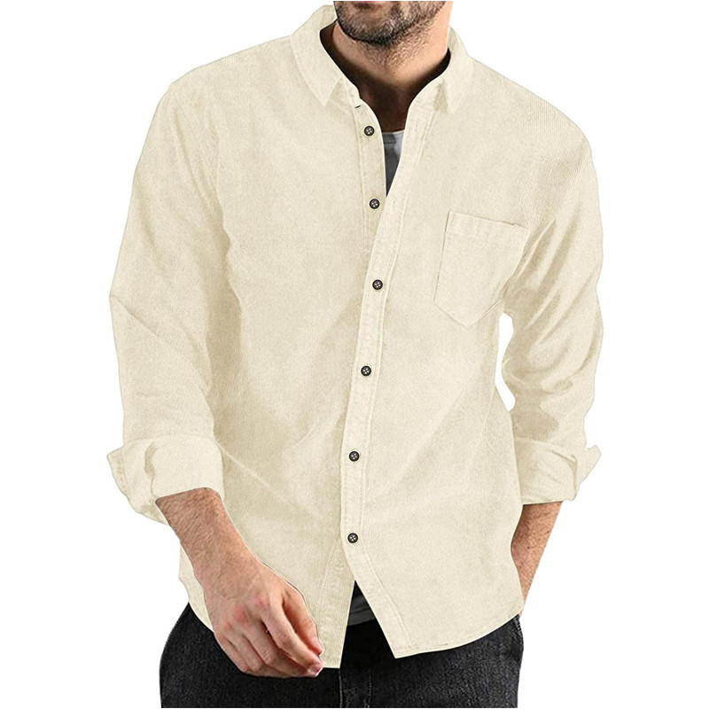 Corduroy Lapel-button Loose-fit Mens Long-sleeve Shirt photo 4