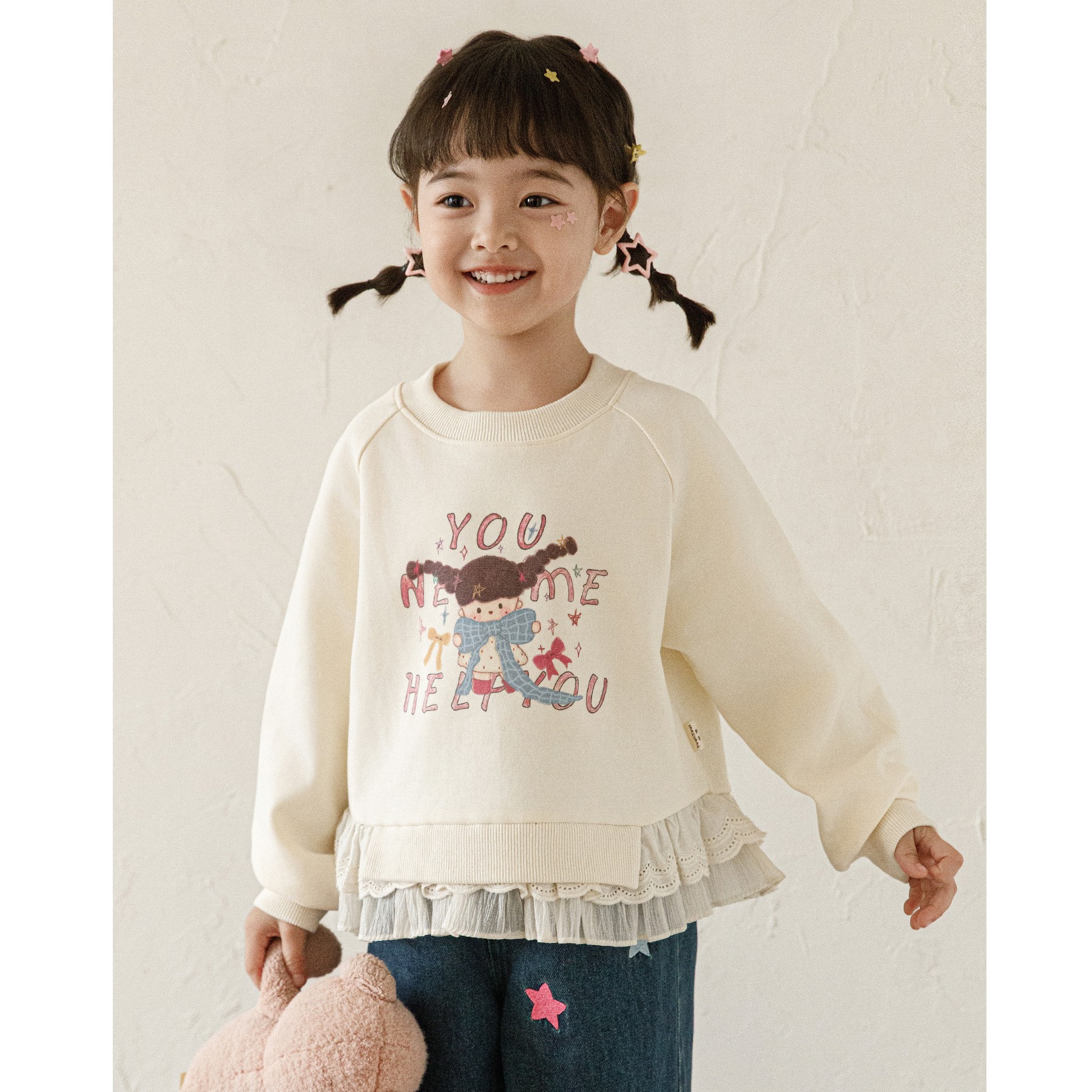 Cartoon-print Cotton Top With A Ruffled Hem And Lace Paneling Sweatshirt photo 2