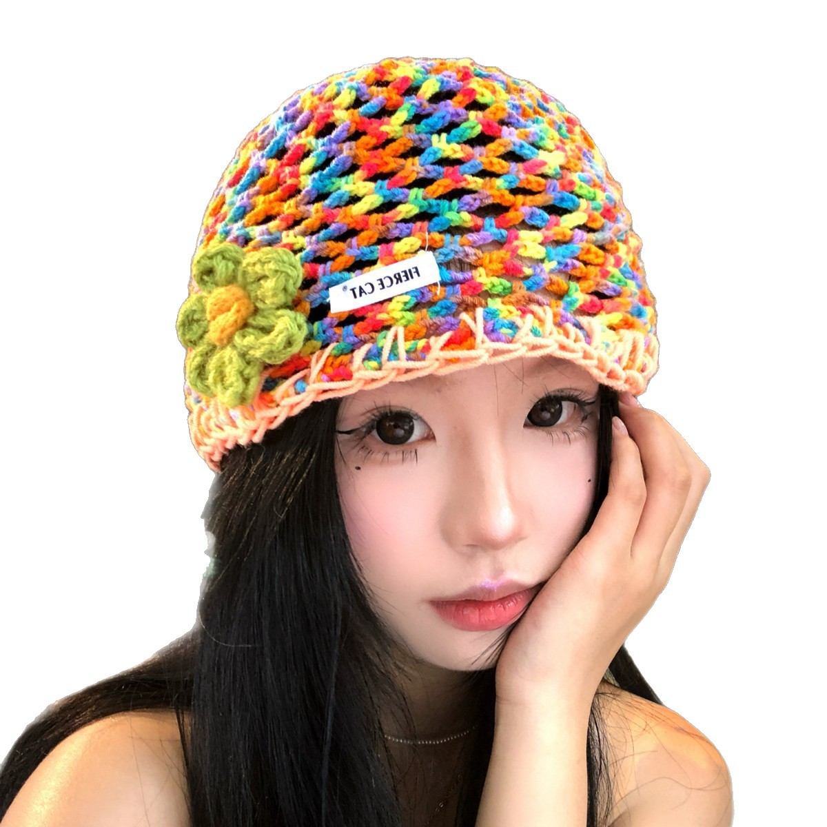 Women's Summer Thin Colorful Hollow-Out Floral Knitted Hat photo 4