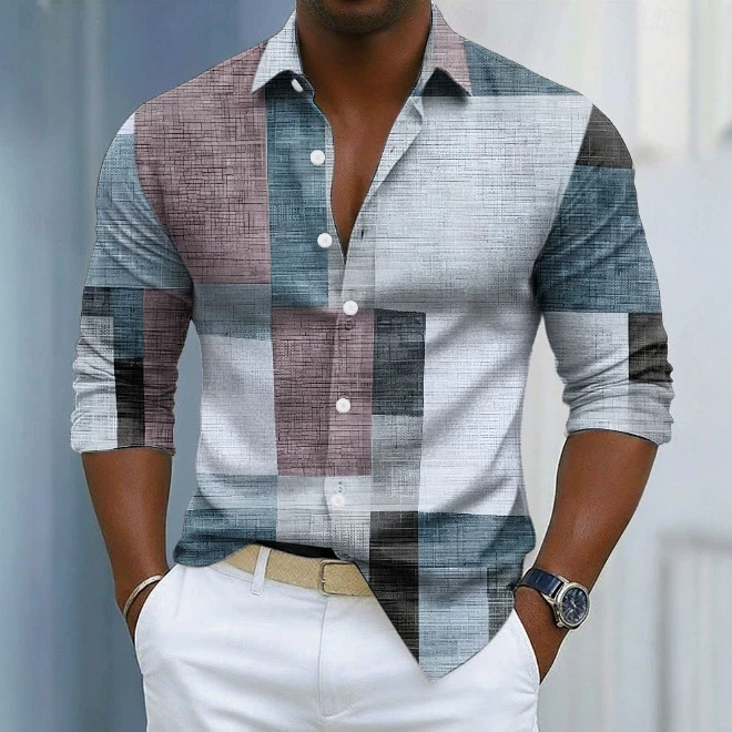 Men's Geometric Color-Block Plaid Pattern Shirt photo 1