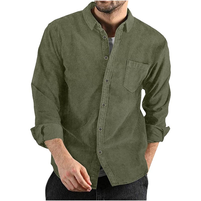 Corduroy Lapel-button Loose-fit Mens Long-sleeve Shirt photo 5