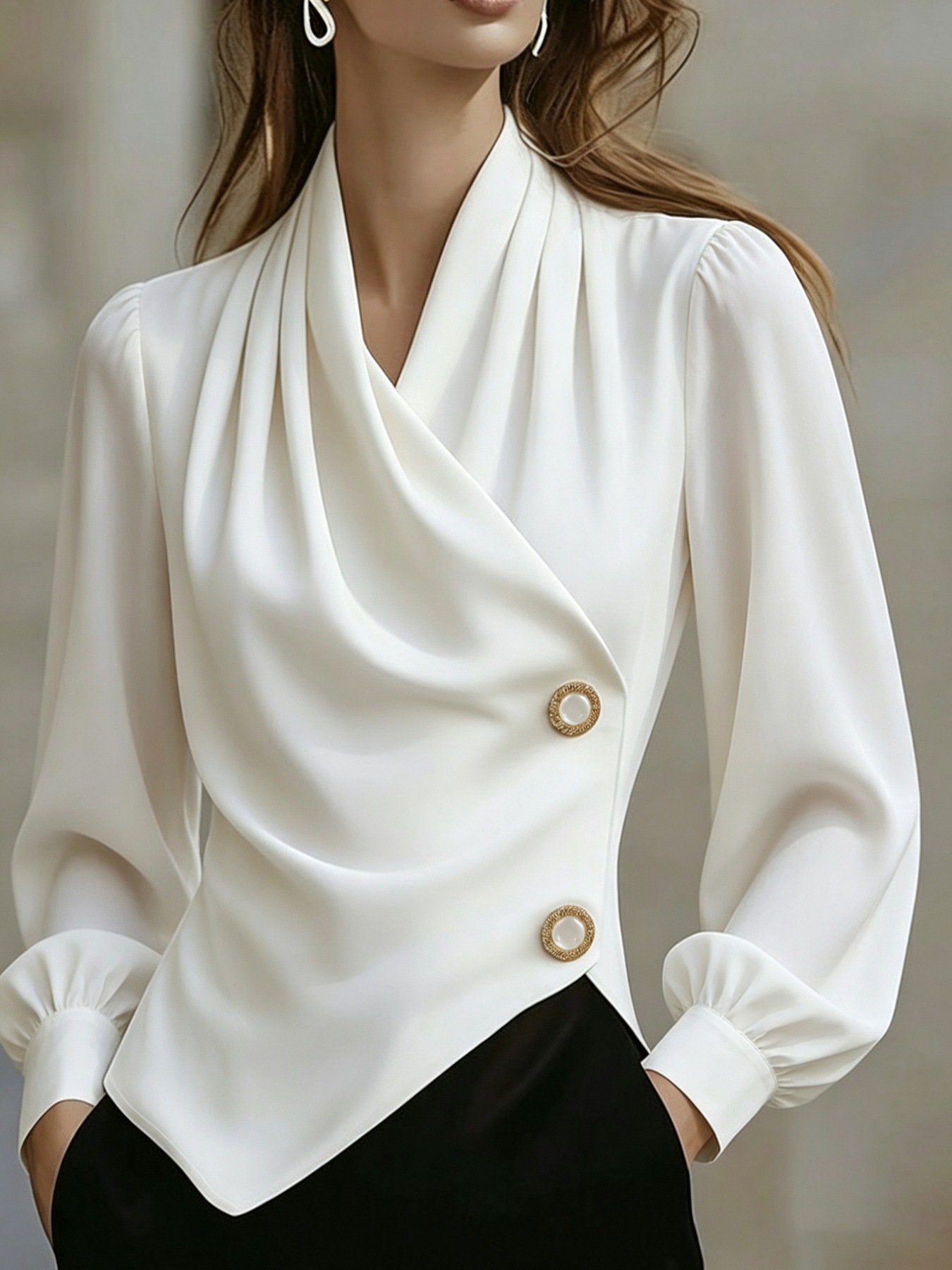 Crossover-collar Waist-cinching Asymmetrical Pearl-buttoned Slimming Versatile Long-sleeve Blouse photo 2