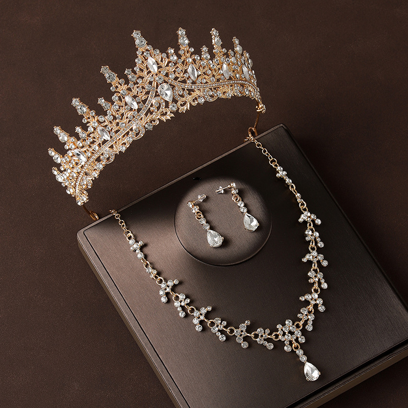 Crown Headdress Necklace Earrings Champagne Gold Vintage photo 3