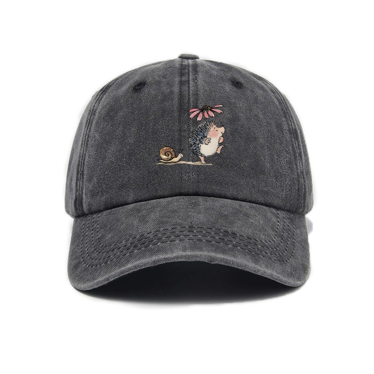 Simple Cartoon Hedgehog And Snail Print Washed Out Vintage Baseball Cap photo 3