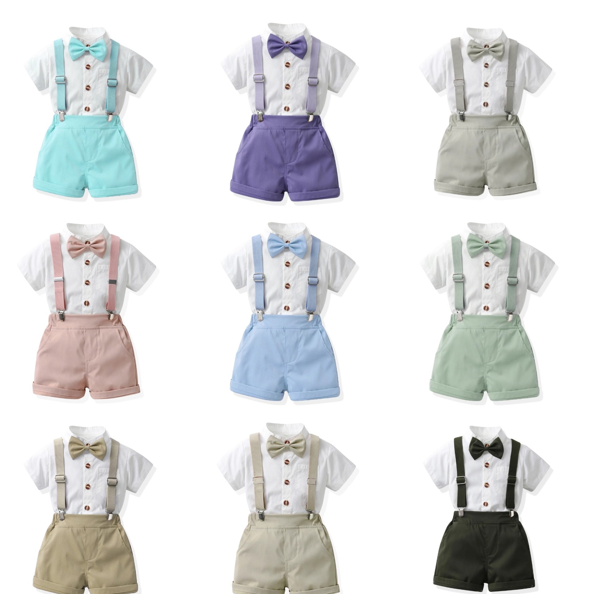 Boys Candy-Colored Stand-Neck Short-Sleeve Suspender Pants Set photo 1