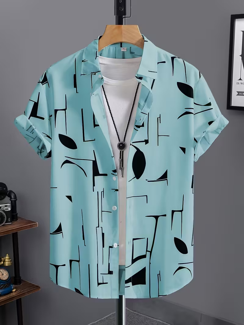 Mens Short-Sleeved Shirt With Geometric Print photo 7