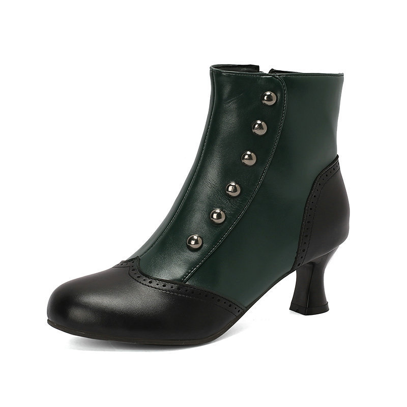 Women's Studded, Color-blocked Block-heeled Ankle Boots photo 2
