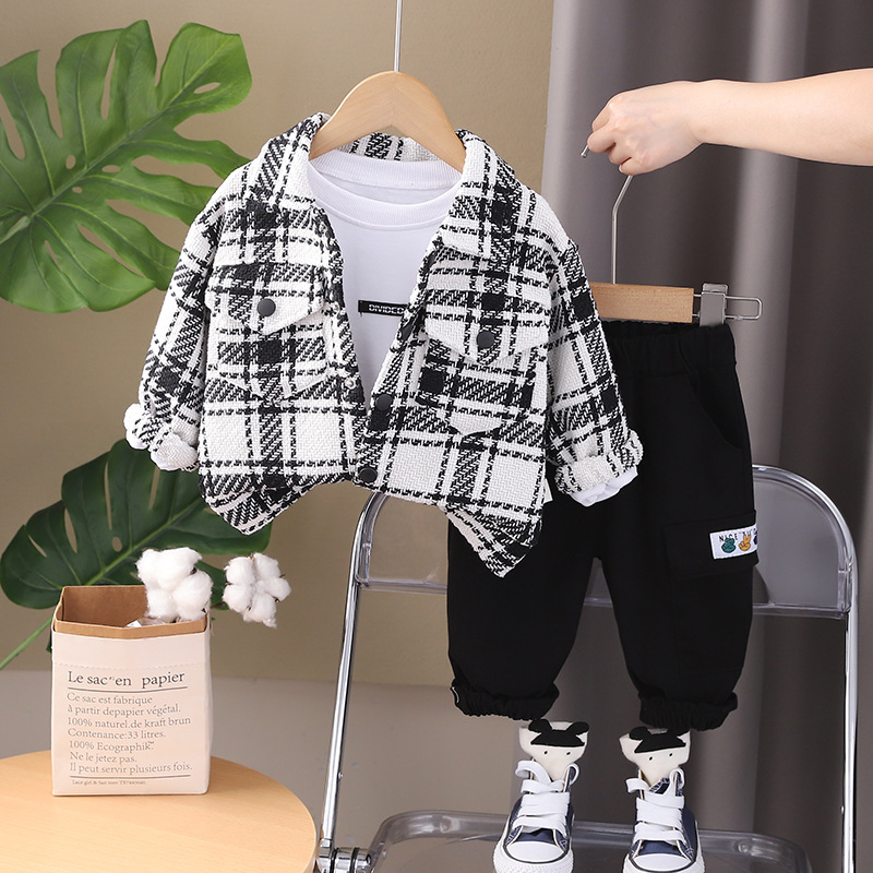 Spring And Autumn Casual Plaid Long-Sleeved Shirt Three-Piece Set photo 3