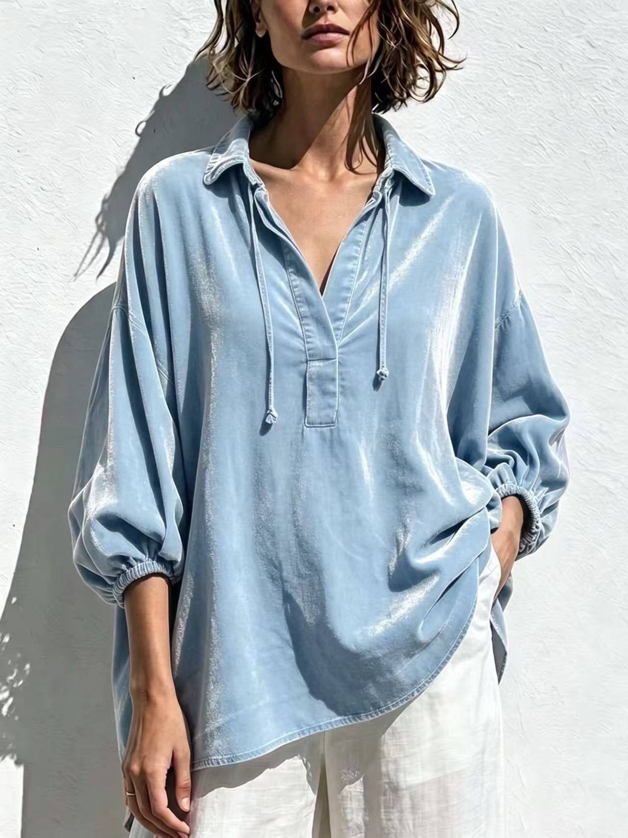Women's Velvet Lapel Casual Polo Shirt photo 4
