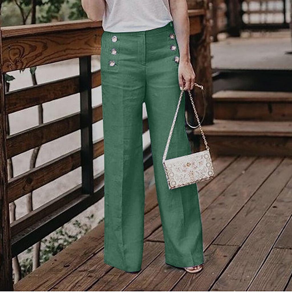Women's High-Waisted Casual Cotton-Linen Wide-Leg Pants With Buttons photo 3