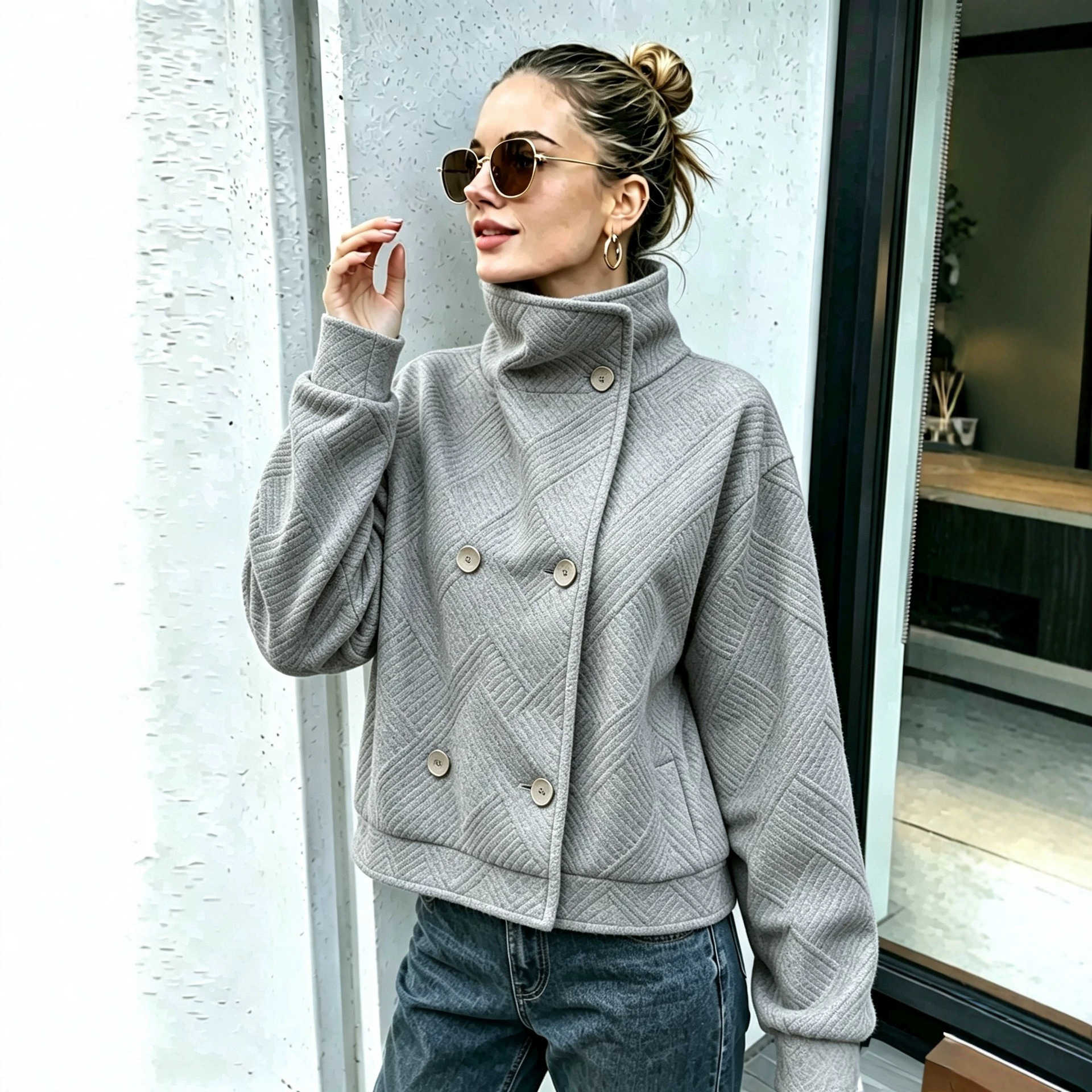 Women's Buttoned Turtleneck Double-breasted Lapel Coat photo 8