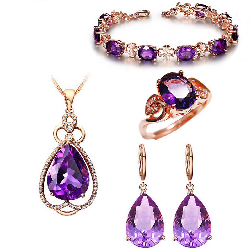Quality Ear Hook Purple Gemstone Diamond Ring Rose Gold Collarbone Necklace Set photo 6