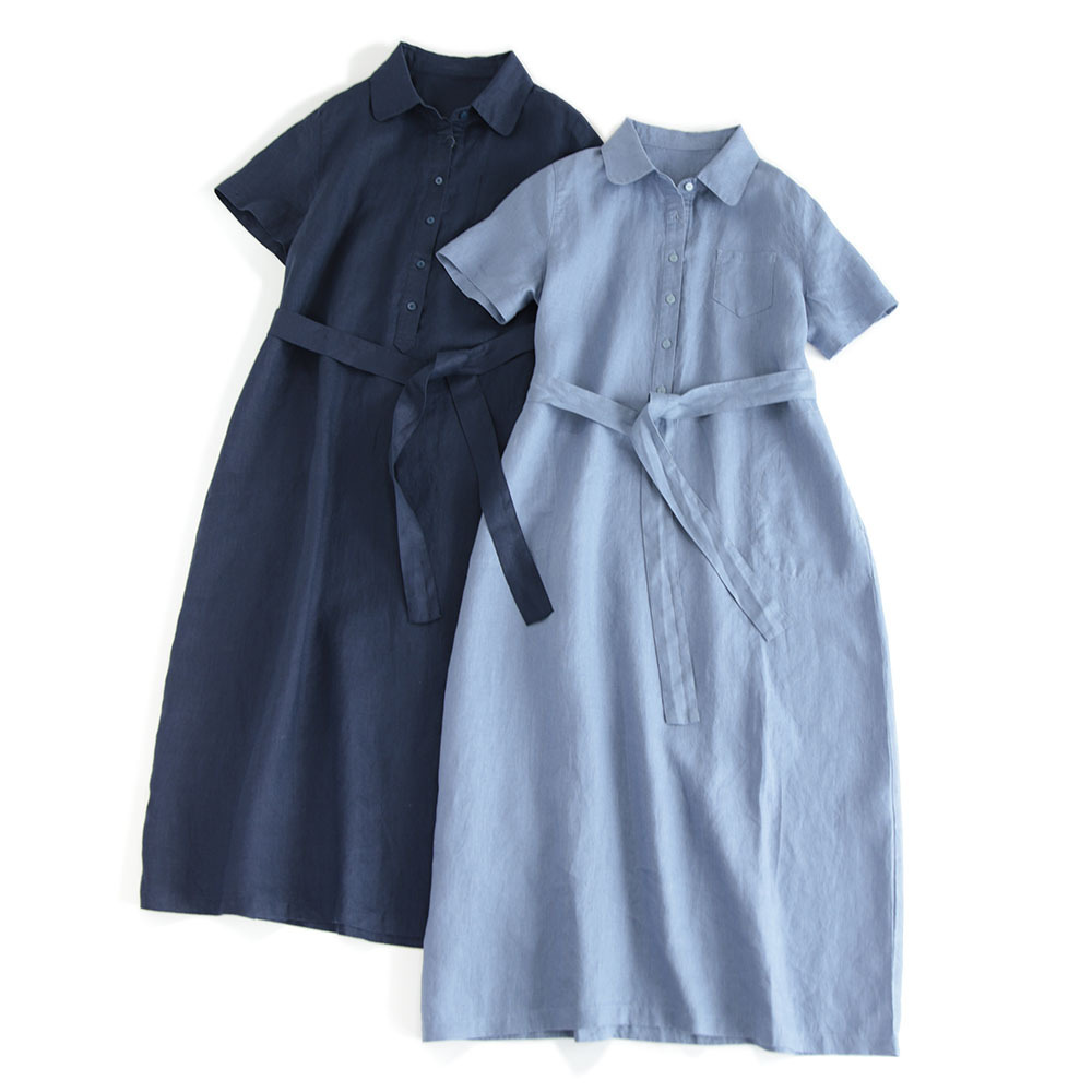 A-line Long Tie-front Solid-color Shirt Dress Women's photo 1