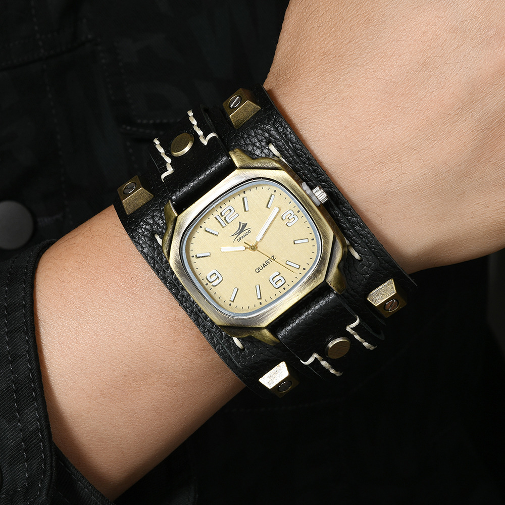 Vintage Studded Leather Watch Bracelet Adjustable Hand-stitched Cuff photo 1