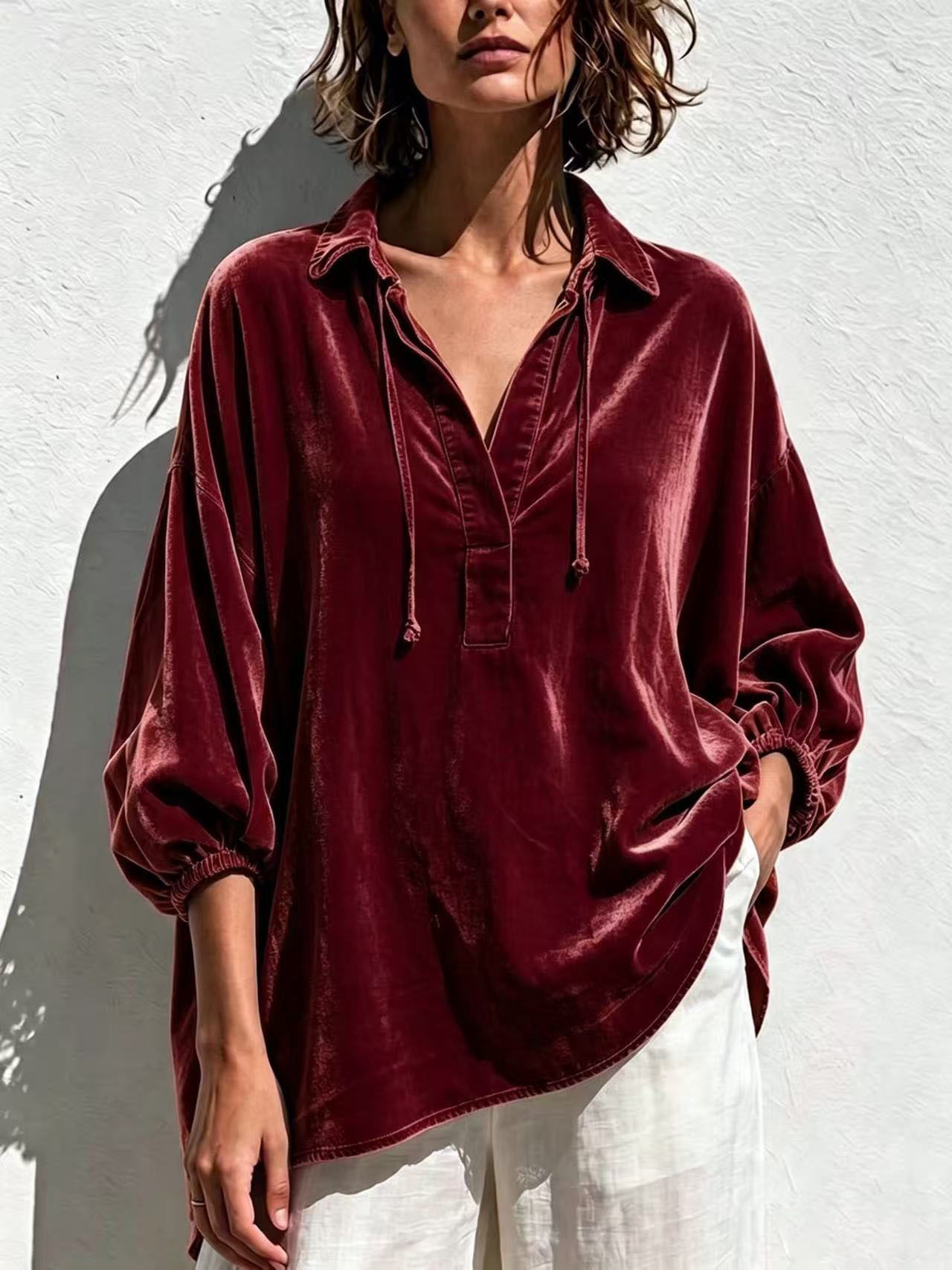 Women's Velvet Lapel Casual Polo Shirt photo 5
