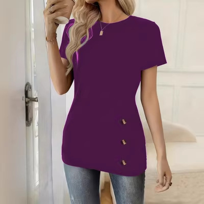 Round-neck Short-sleeve Top With Faux Button Detailingelegant And Versatile photo 1