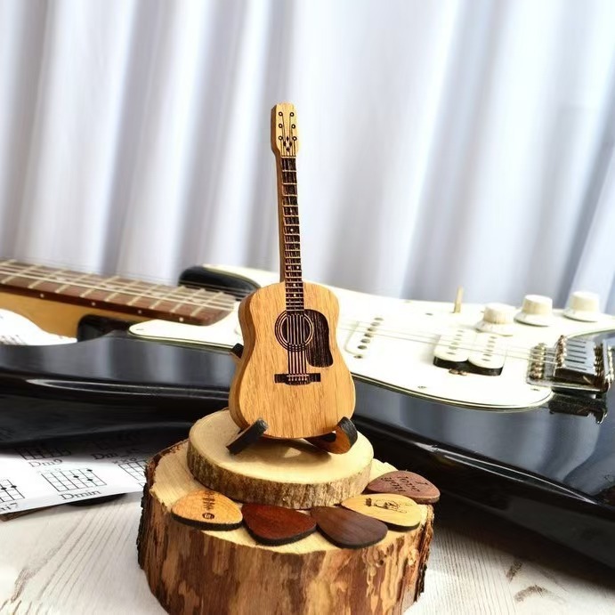 Wooden Personalized Guitar Ornament With Stand, Guitar Pick Box Gift, Wooden Craft Gift photo 1
