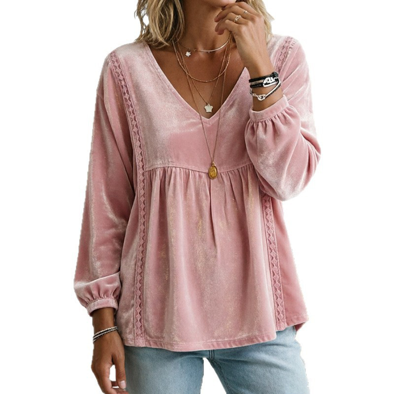 V-neck Lace Velvet Casual Loose-fitting Long-sleeve Top photo 4