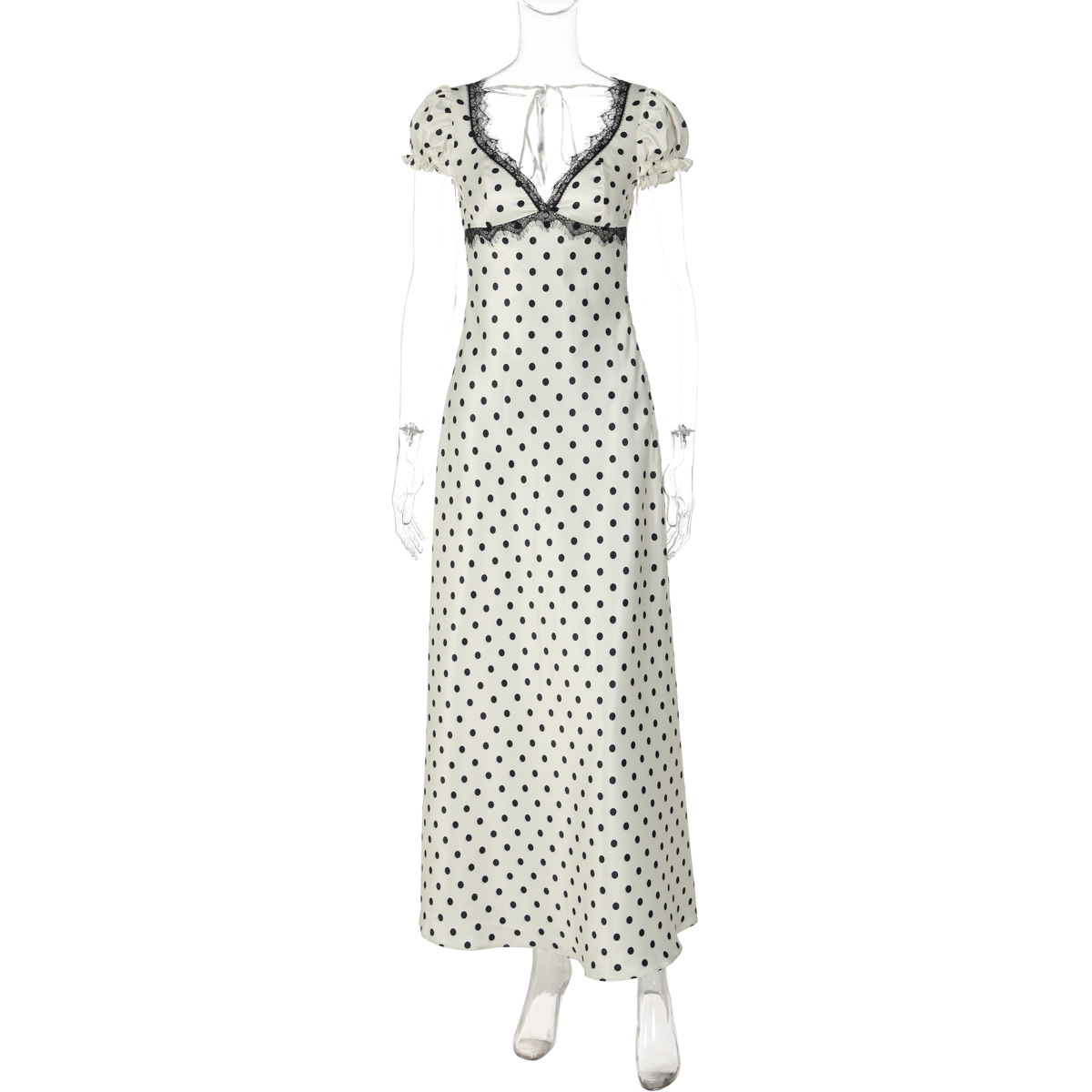 Elegant Polka-dot Sleeveless Lace-trimmed Bodycon Dress photo 5