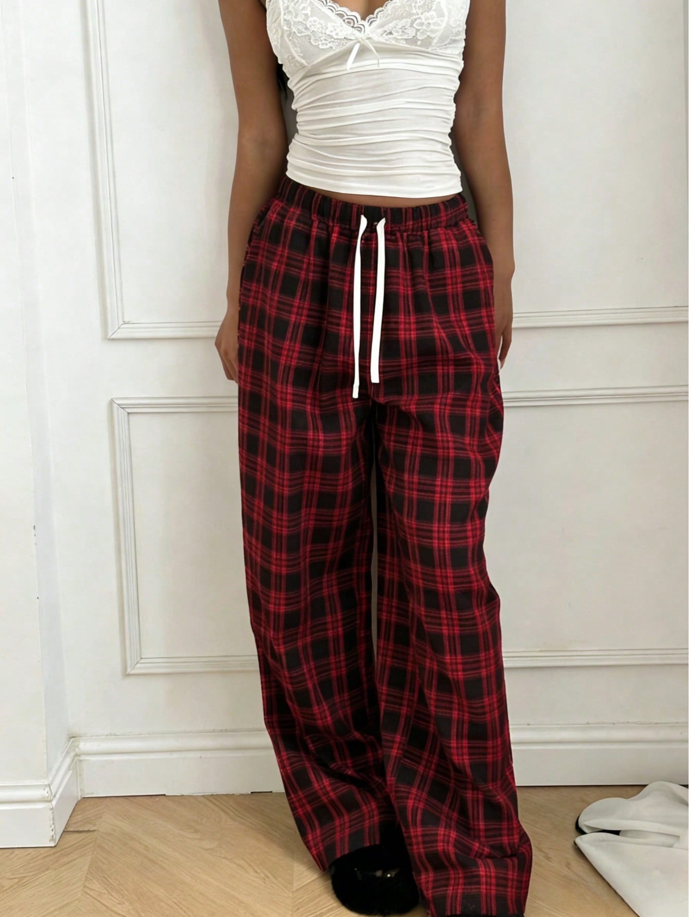 Women's Plaid Casual High-Waisted Wide-Leg Pants With Drawstring photo 3
