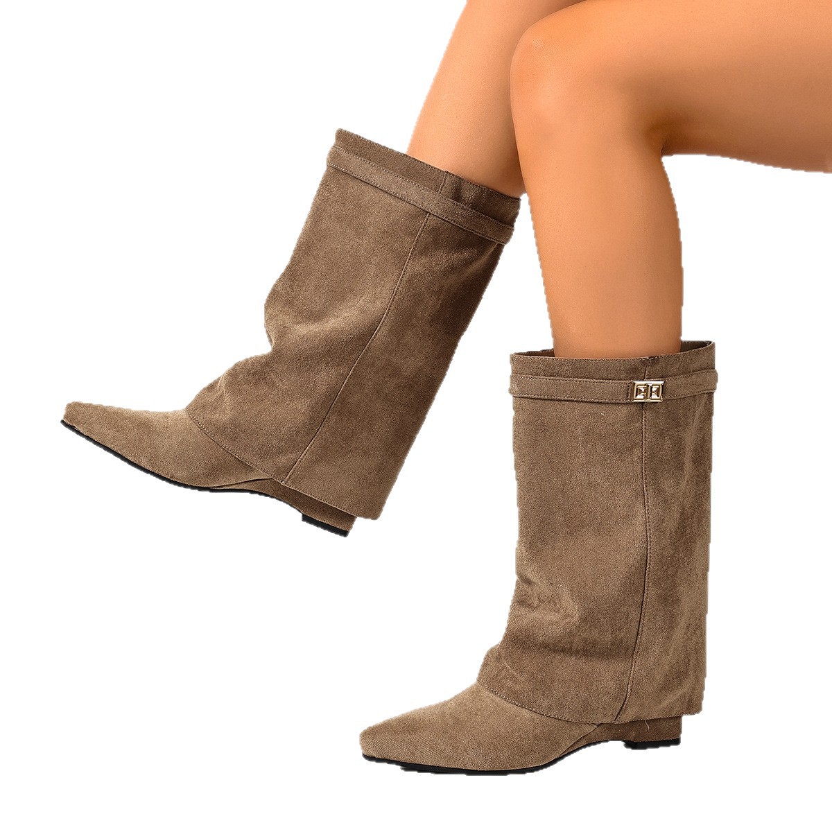 European And American-style Suede High-heeled Boots With A Tapered Leg Metal Buckles Pointed Toe And Pleated Detailing photo 2