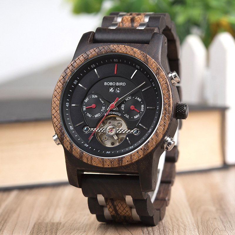 Business Flywheel Mechanical Multi-function Wooden Watch photo 2