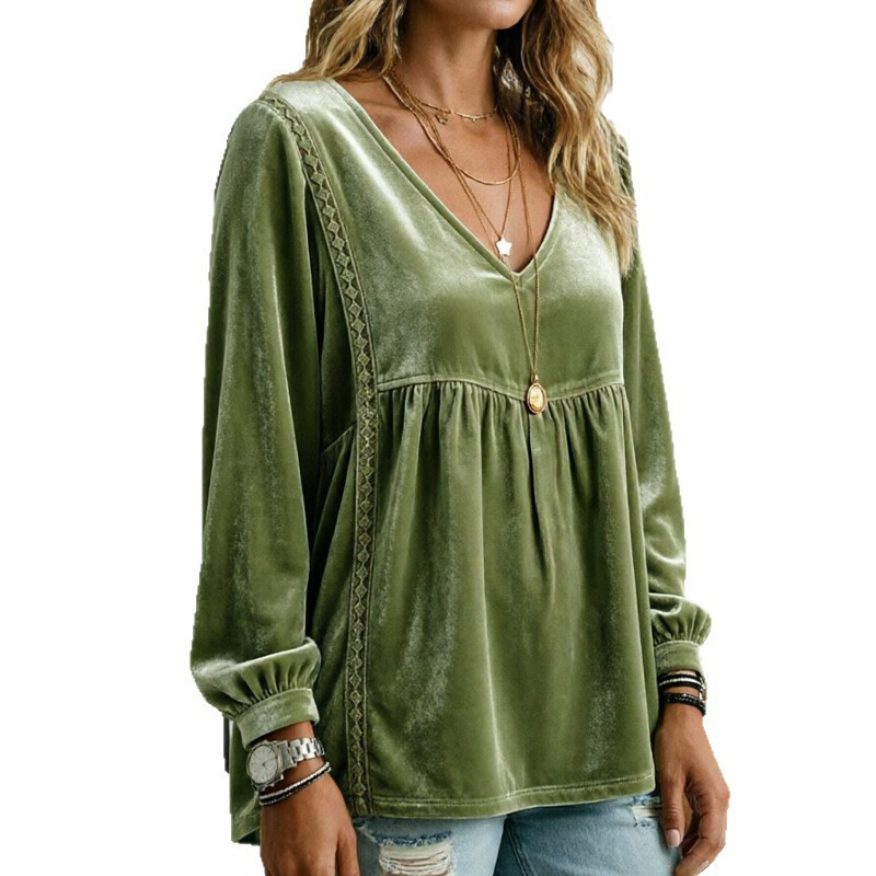 V-neck Lace Velvet Casual Loose-fitting Long-sleeve Top photo 5