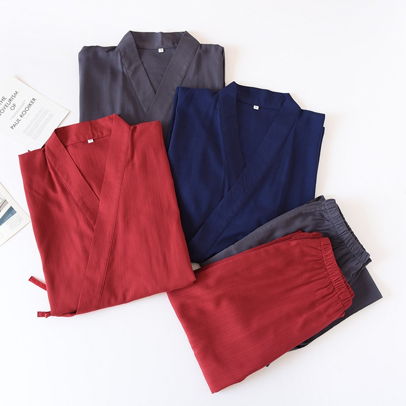 Japanese-style Solid-color Mens Kimono Pajamas, Cotton-linen Drawstring Homewear Set photo 1