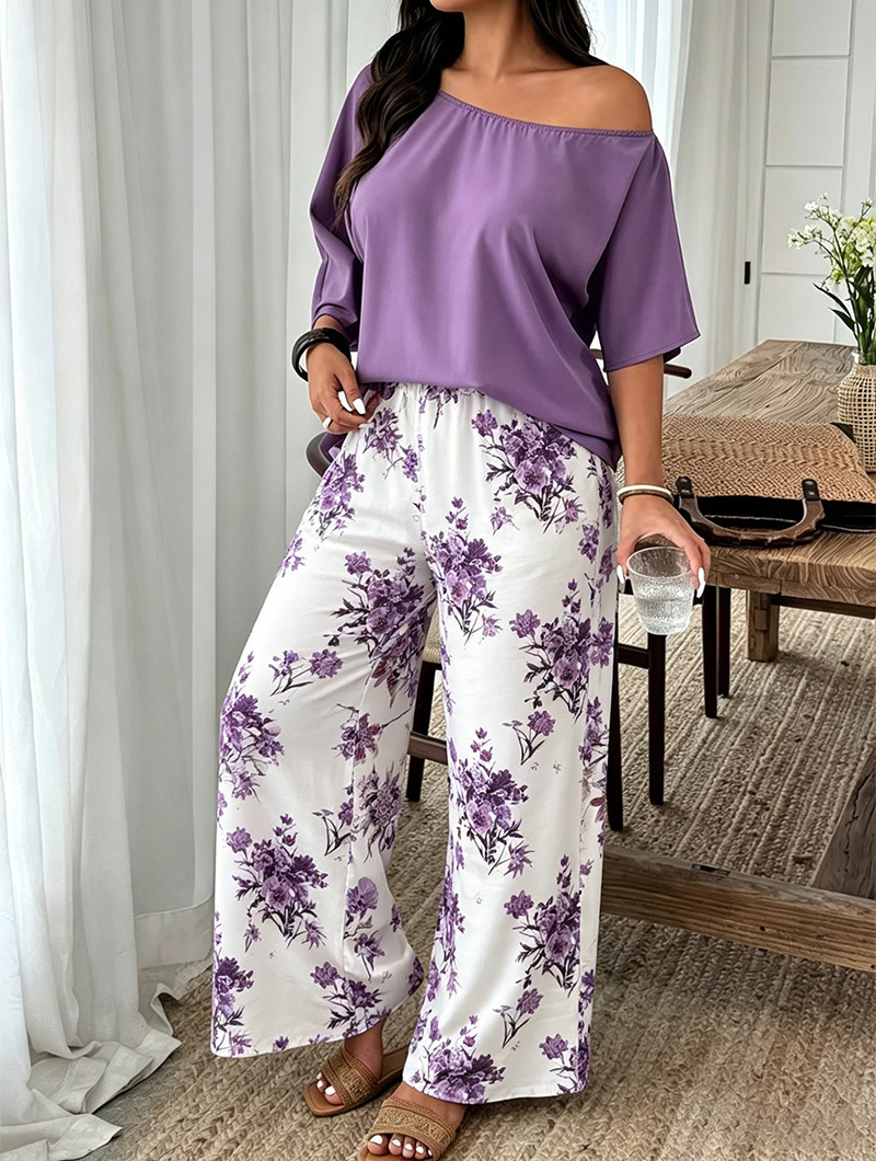 Casual Womens Set Featuring Plant And Floral Print Wide-leg Pants photo 3