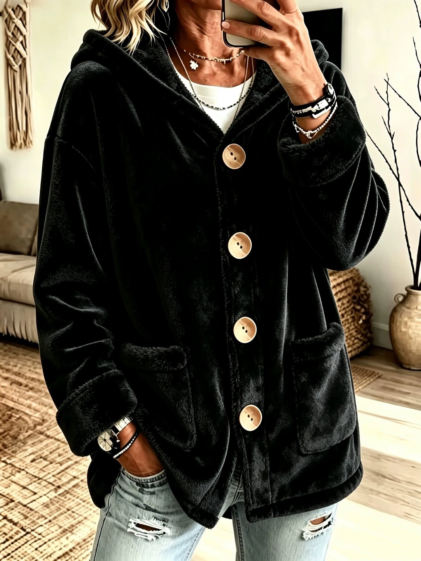 Hooded Velvet Outerwear Loose-fitting Cardigan Top photo 5