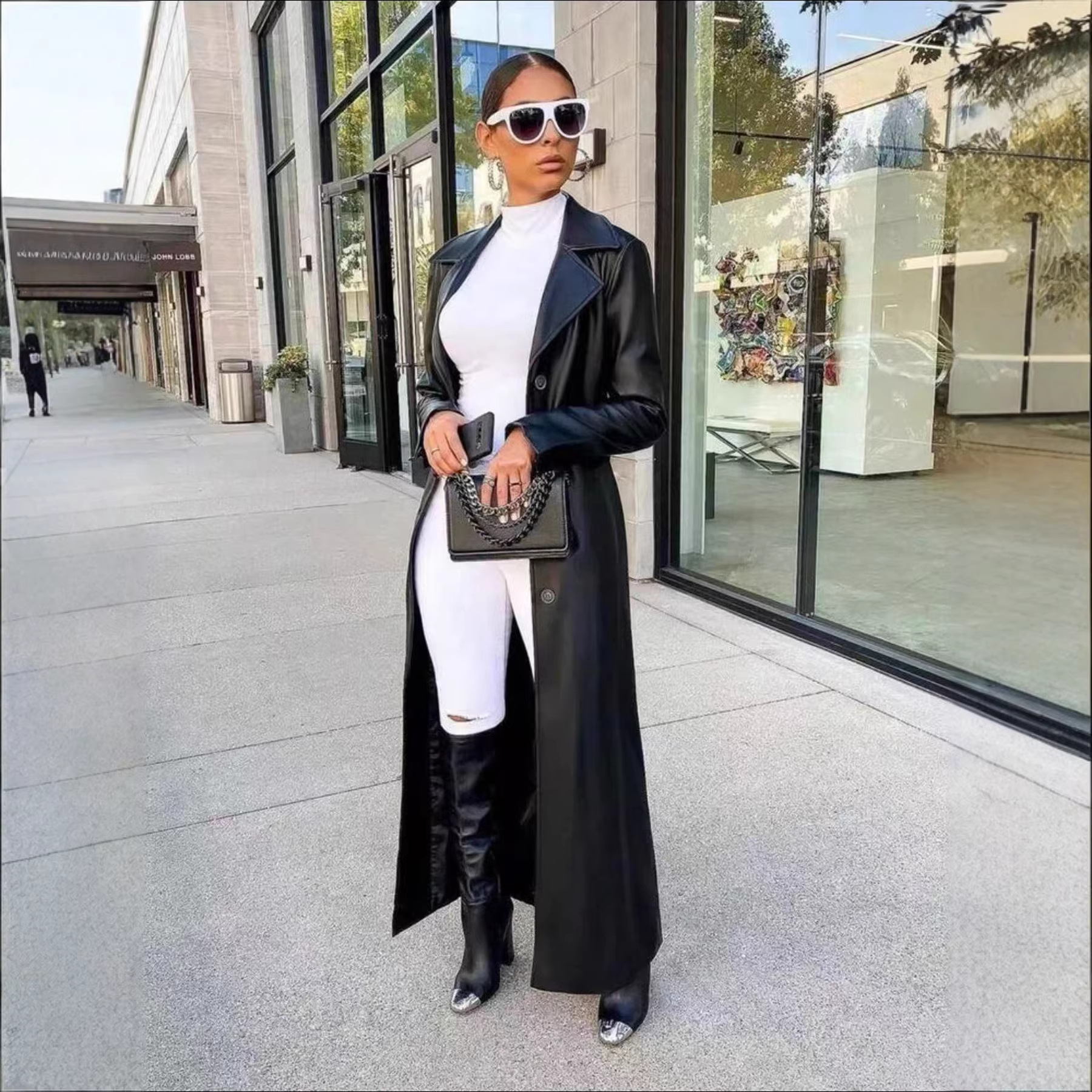 European And American-style Long-length Lapel PU Leather Jacket photo 1